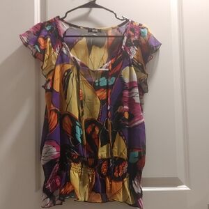 BCX Women's Multicolor Floral Flutter-Sleeve Top - Purple/Yellow/Teal